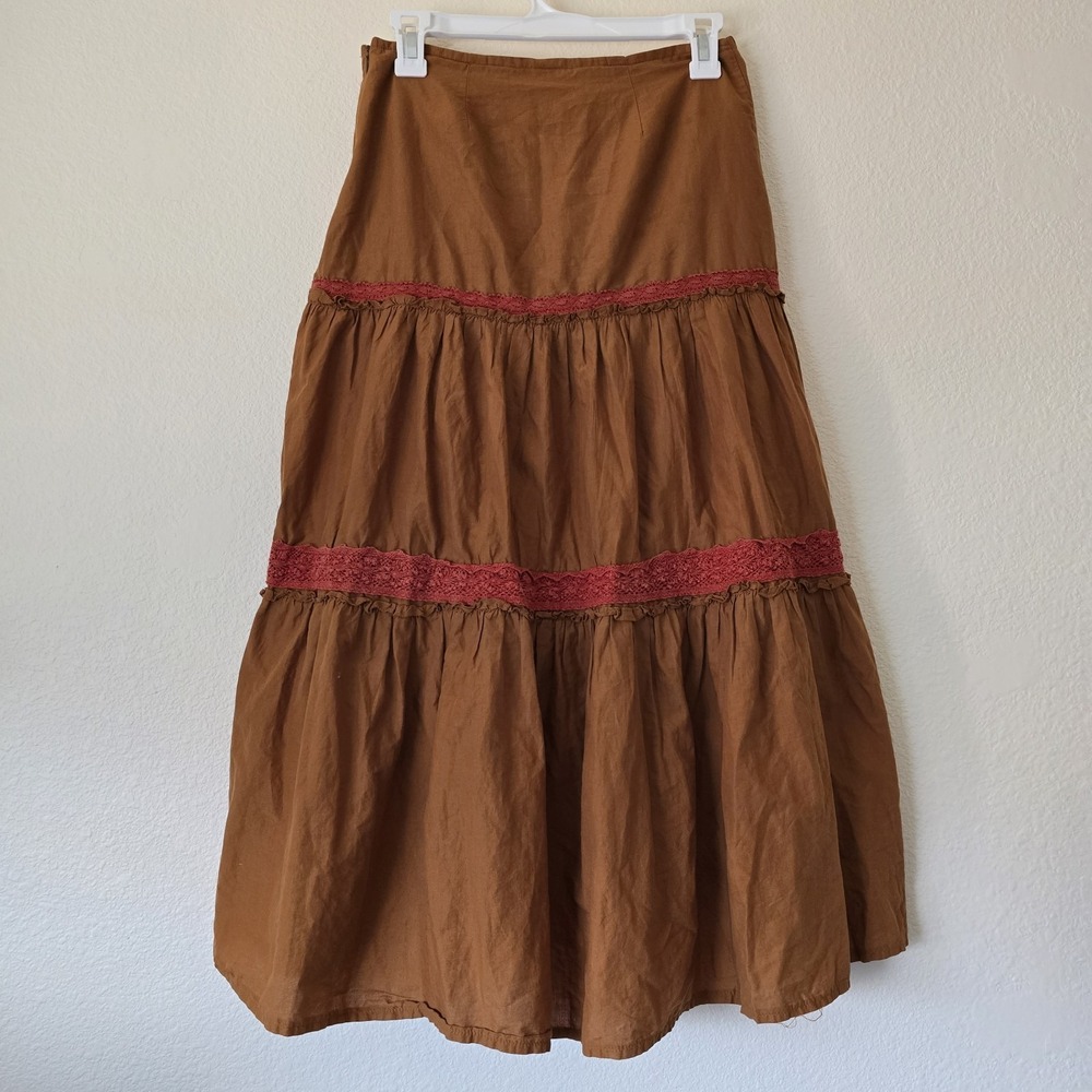 LUCCA Brown Cotton Tiered Midi Skirt Embroidered Paisley Crochet‎ Lace Small - Picture 6 of 11